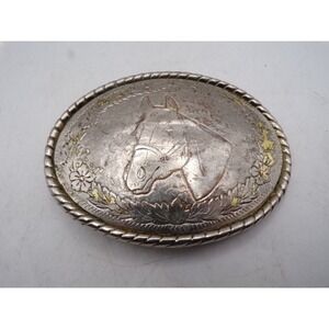 Vintage W Horse Head Belt Buckle Silver Gold Tone Floral Rope Edge Made in USA